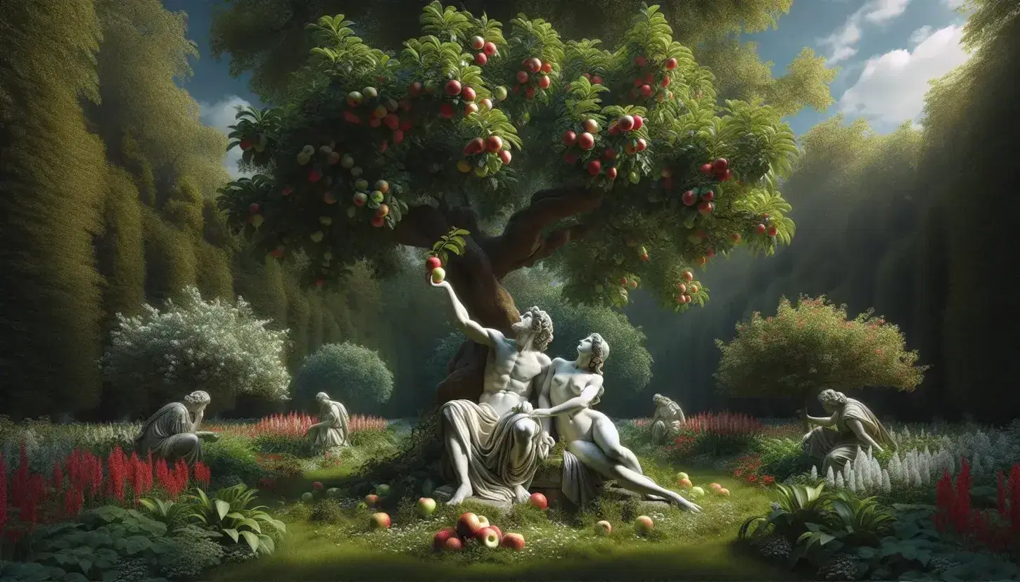 Giardino rigoglioso con albero fruttato e statue marmoree di uomo seduto e donna in piedi sotto chioma frondosa, gioco di luci e ombre.