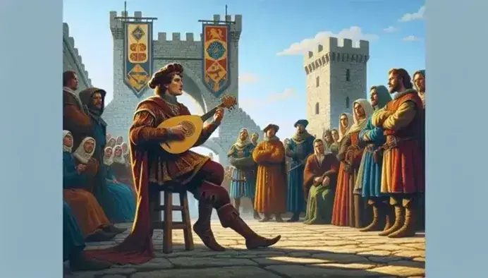 Juglar medieval tocando el laúd sentado en un taburete de madera, rodeado de espectadores atentos con túnicas coloridas, frente a una construcción de piedra con almenas bajo un cielo azul.
