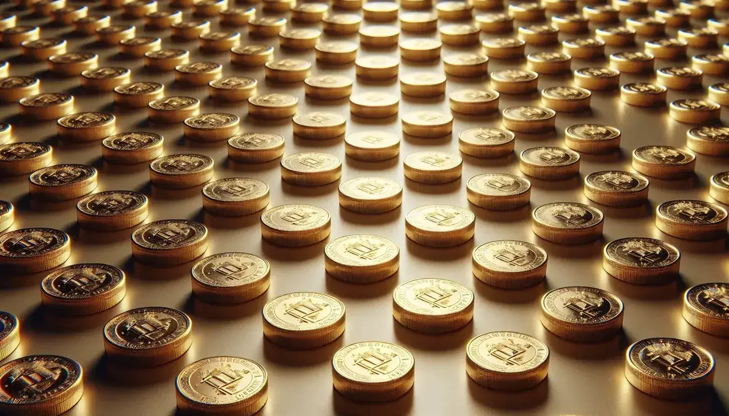 Monedas de oro dispuestas en patrón rectangular sobre superficie clara, con reflejos de luz y textura detallada, creando profundidad visual.