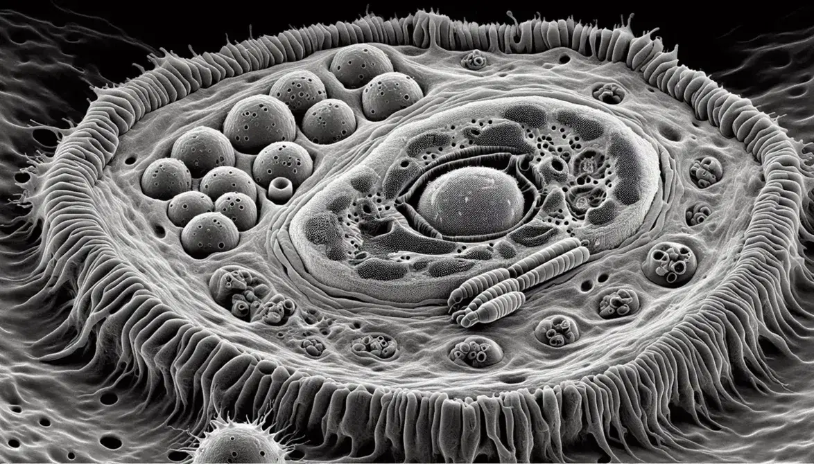 Micrografía electrónica de transmisión en blanco y negro de una célula eucariota con núcleo, nucleolo, retículo endoplásmico, vacuolas, centriolos y pared celular.