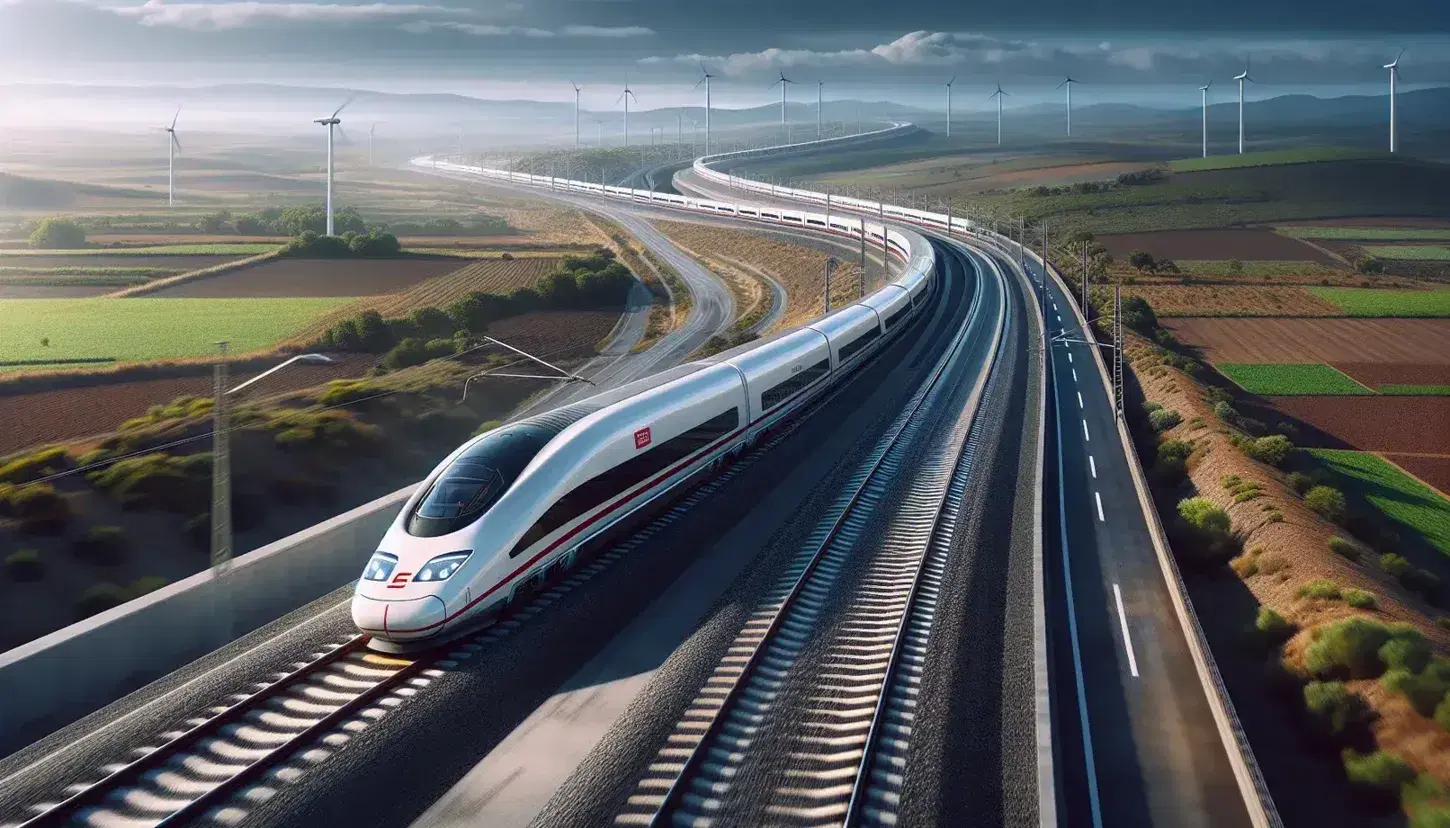 High-speed train gliding through Spanish countryside with motion blur, parallel to an empty highway, amidst green fields and distant wind turbines under a clear sky.