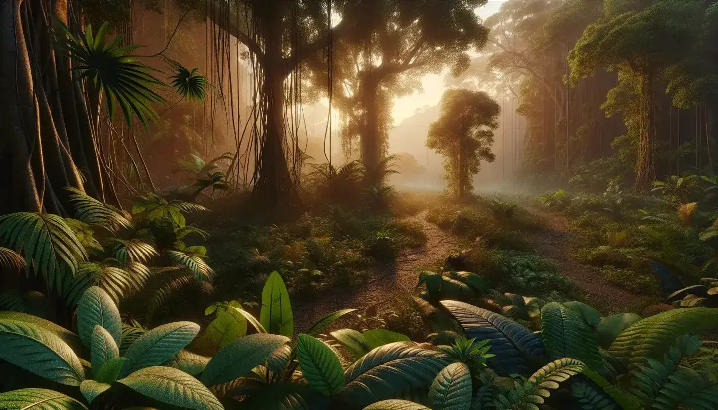 Dawn light filters through a dense jungle canopy, highlighting dew-covered foliage and a hidden muddy trail amidst towering trees.