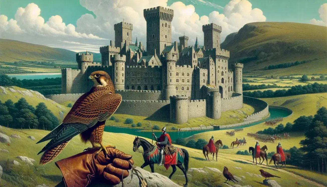 Castello medievale su collina con falco su guanto e cavalieri in armatura sullo sfondo, cielo azzurro con nuvole.