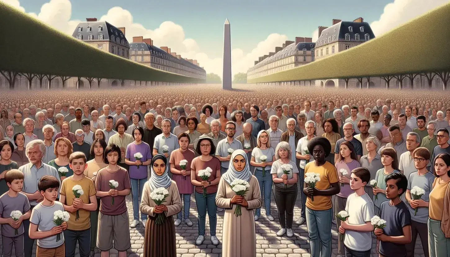 Diverse crowd with white flowers gathers in unity around a stone obelisk in a French square under a clear blue sky, symbolizing peace and solidarity.