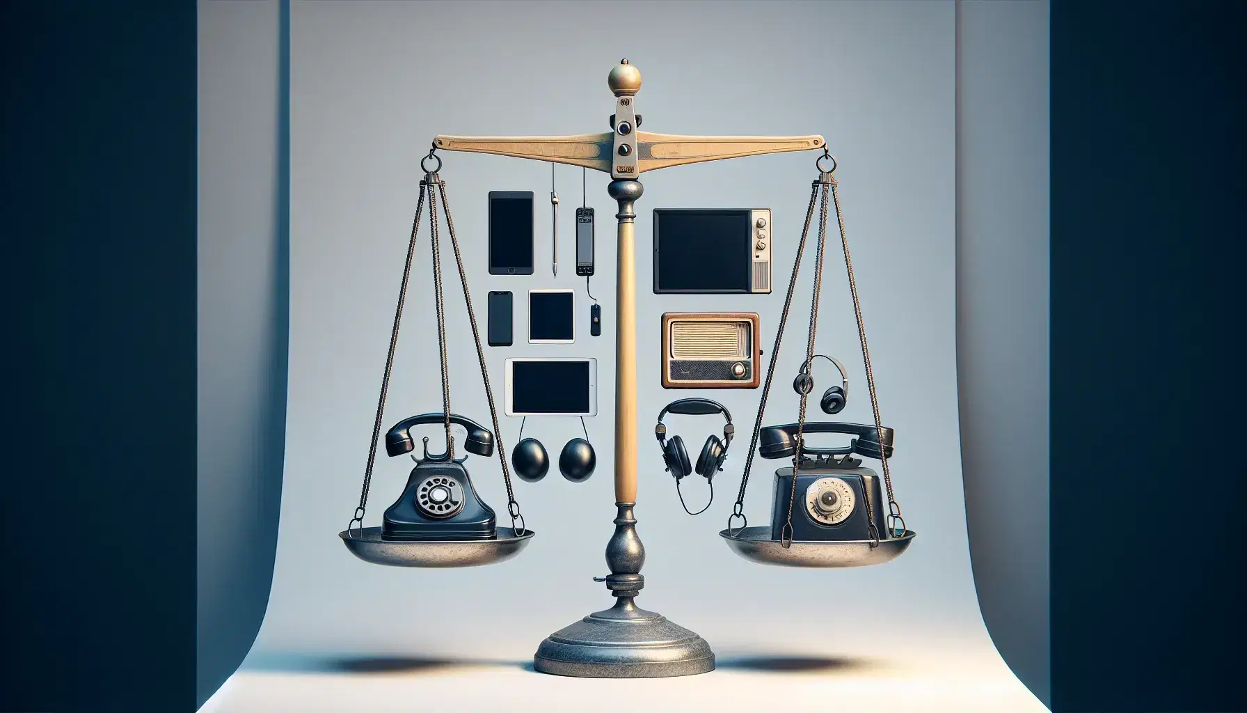 Balanced scale with modern multimedia devices on one plate and traditional communication tools on the other, on light background.