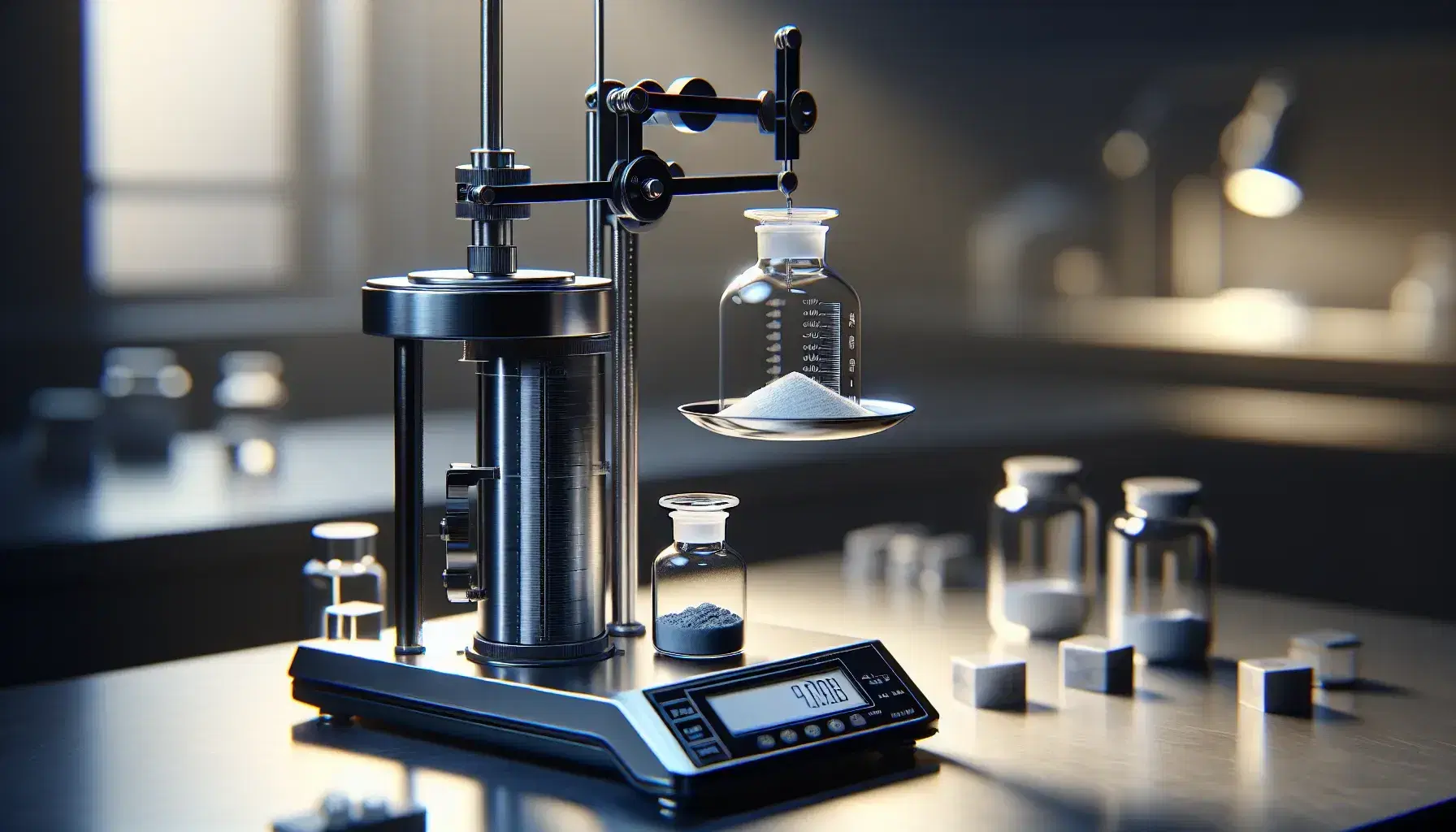 Bilancia analitica di precisione in laboratorio chimico con becher trasparente e capsula di porcellana contenenti polveri bianca e blu.