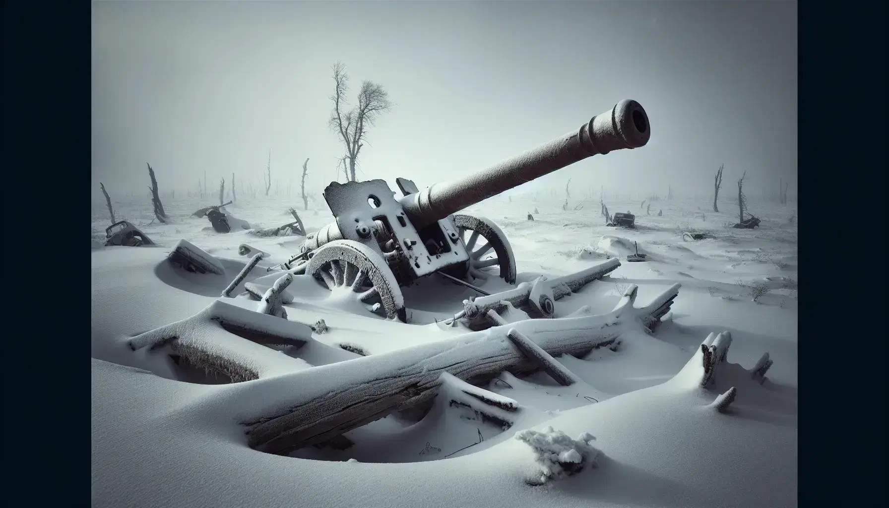 Paesaggio invernale della steppa russa con cannone militare antico arrugginito e resti di equipaggiamento tra la neve sotto un cielo nuvoloso.