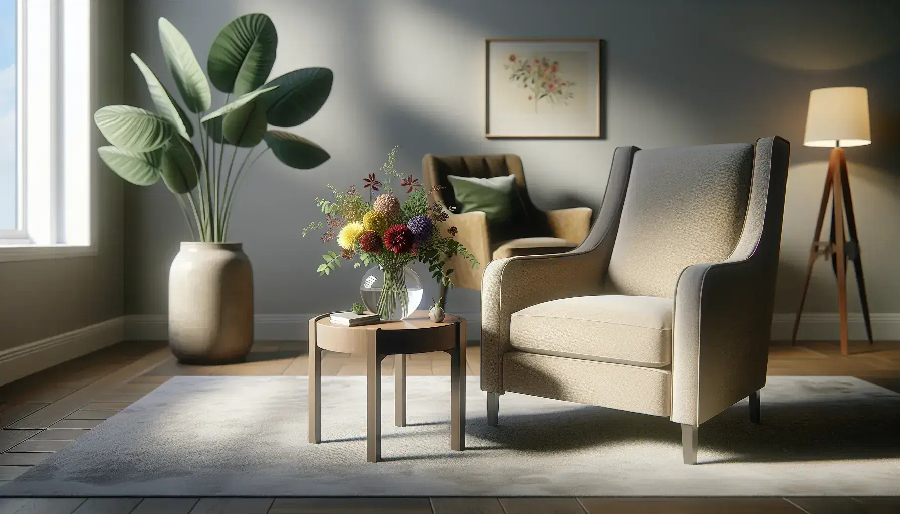 Serene therapy room with comfortable beige armchair, wooden table, vase of colorful flowers, therapist chair, gray carpet, green plant.