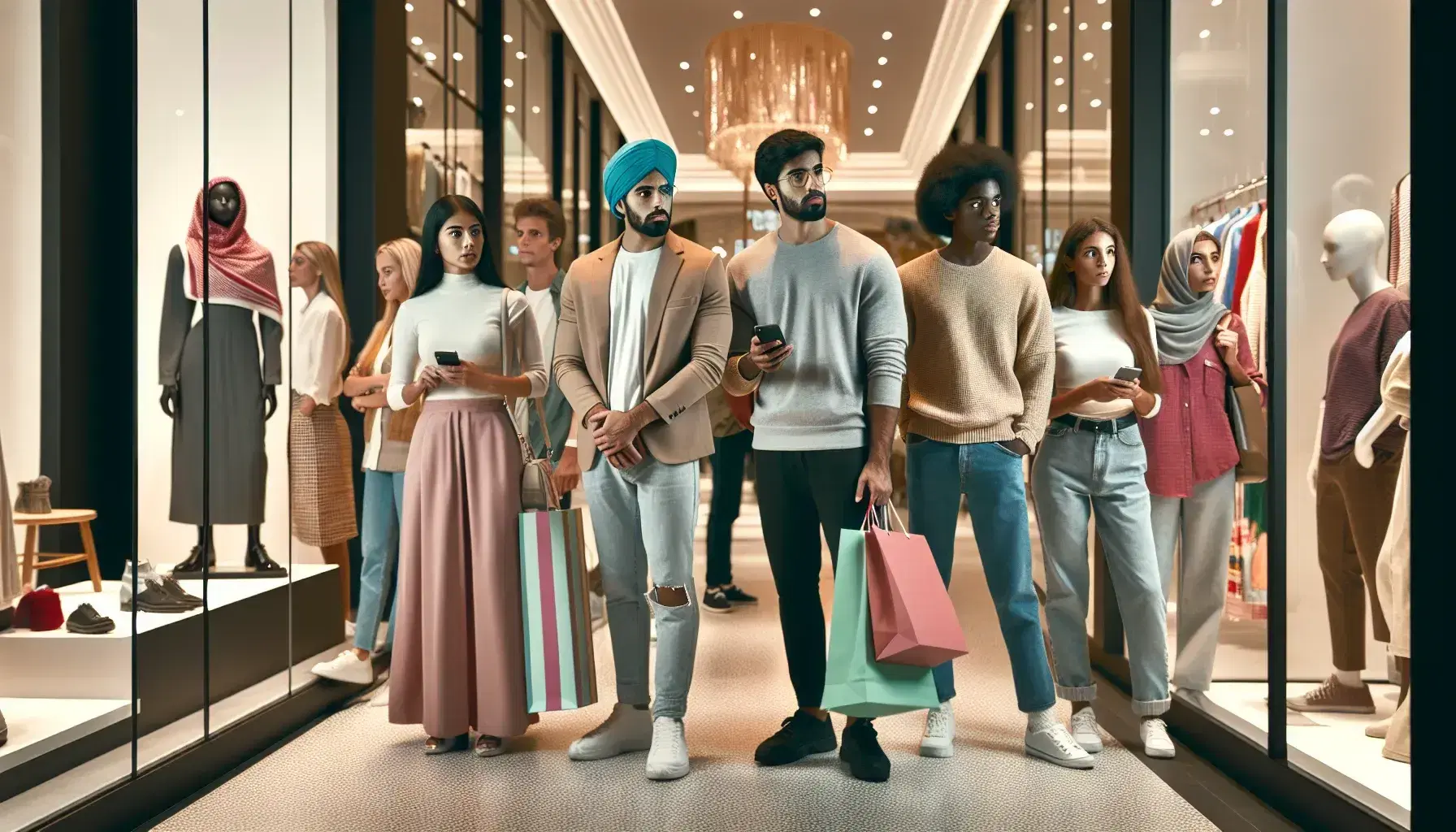 Grupo diverso de personas comprando en un centro comercial moderno, con bolsas de colores y consultando móviles cerca de una tienda de ropa.