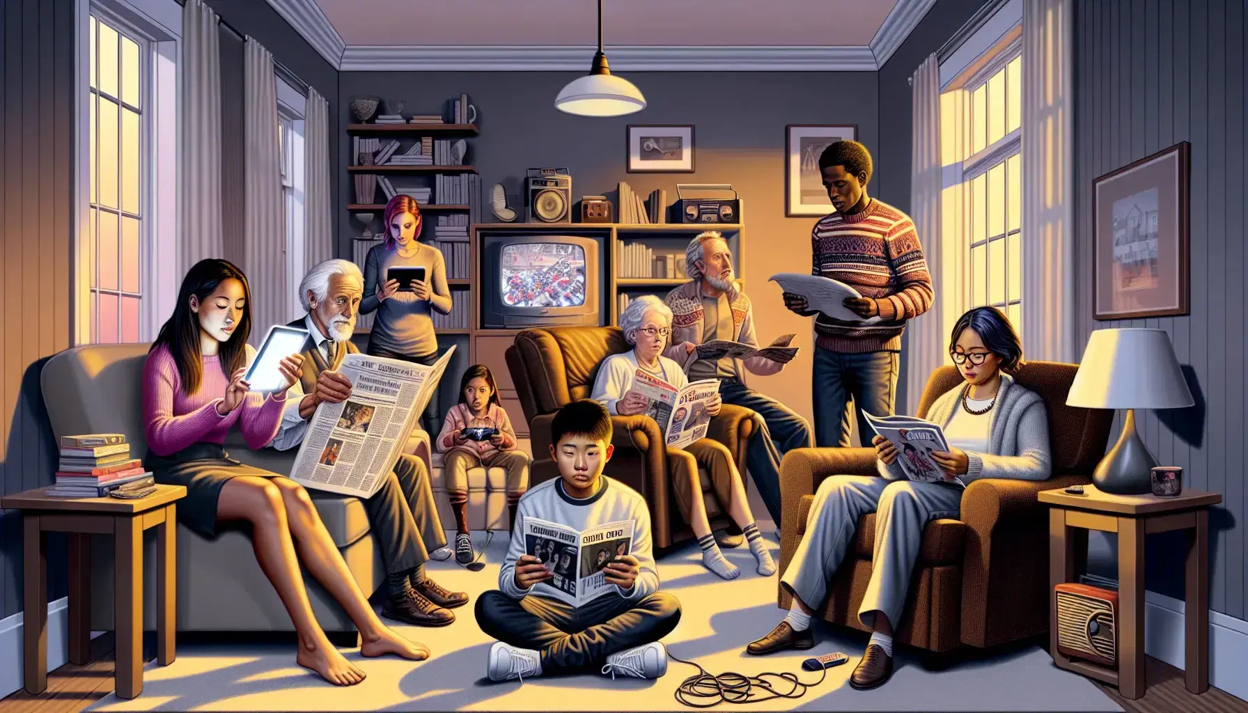 Inclusive group of people of different ages and backgrounds engaging with various media in a living room, with neutral furniture details and pops of color.