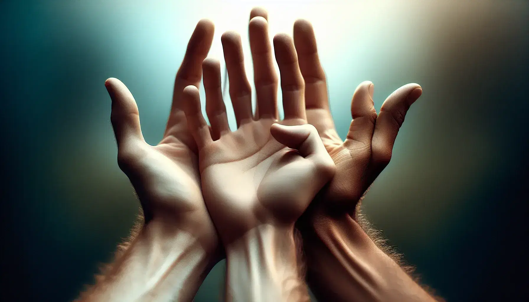 Three diverse hands in ascending order frame an invisible object against a blurred green and blue background, symbolizing unity and diversity.