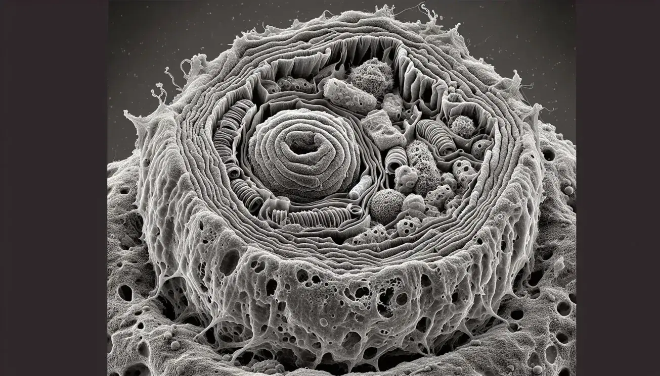 Cell undergoing autophagy with visible autolysosome, surrounded by mitochondria and rough endoplasmic reticulum, electron microscope image.
