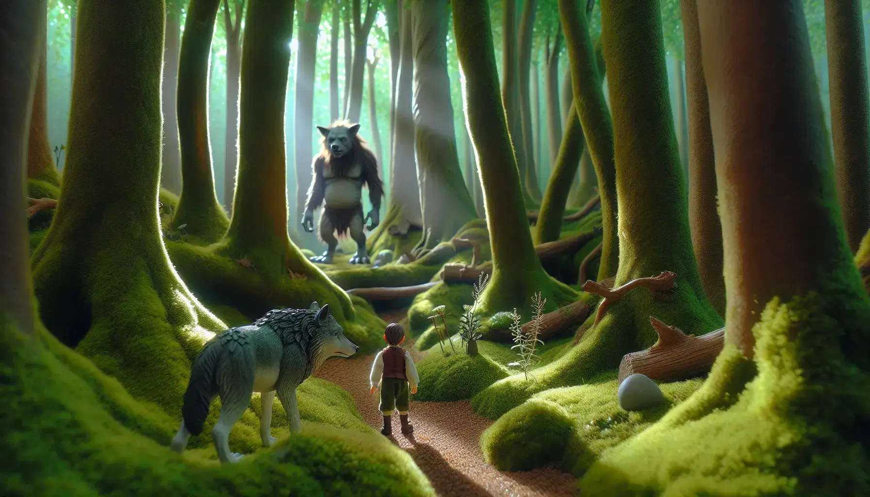 Bambino in abiti semplici con lupo eretto in foresta incantata, luce solare filtra tra alberi, troll nascosto sullo sfondo.
