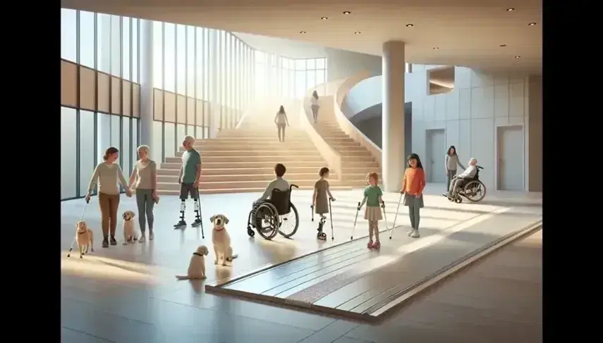 Gruppo di persone con disabilità in edificio moderno con rampa accessibile, luce naturale e cane guida, promuovendo inclusività.