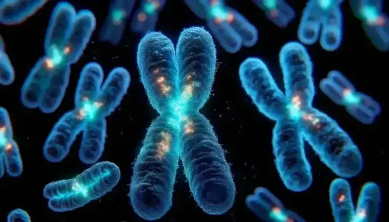 Human chromosomes highlighted with fluorescent coloring, large and bright X and small Y, on a dark background, karyotyping technique.