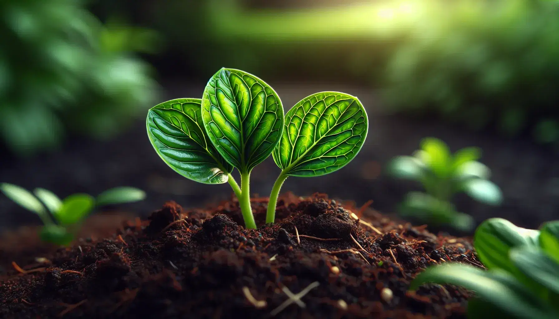 Young green plant sprouting with two broad leaves from nutrient-rich brown soil in a softly blurred garden background.