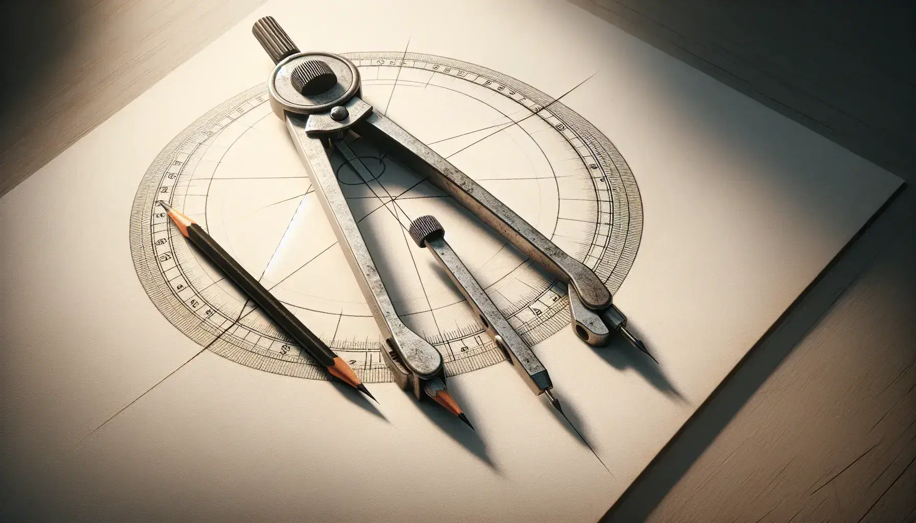 Metallic compass on white paper with drawn circle, two radii, and shaded arc segment on a wooden surface, illustrating geometry concepts.