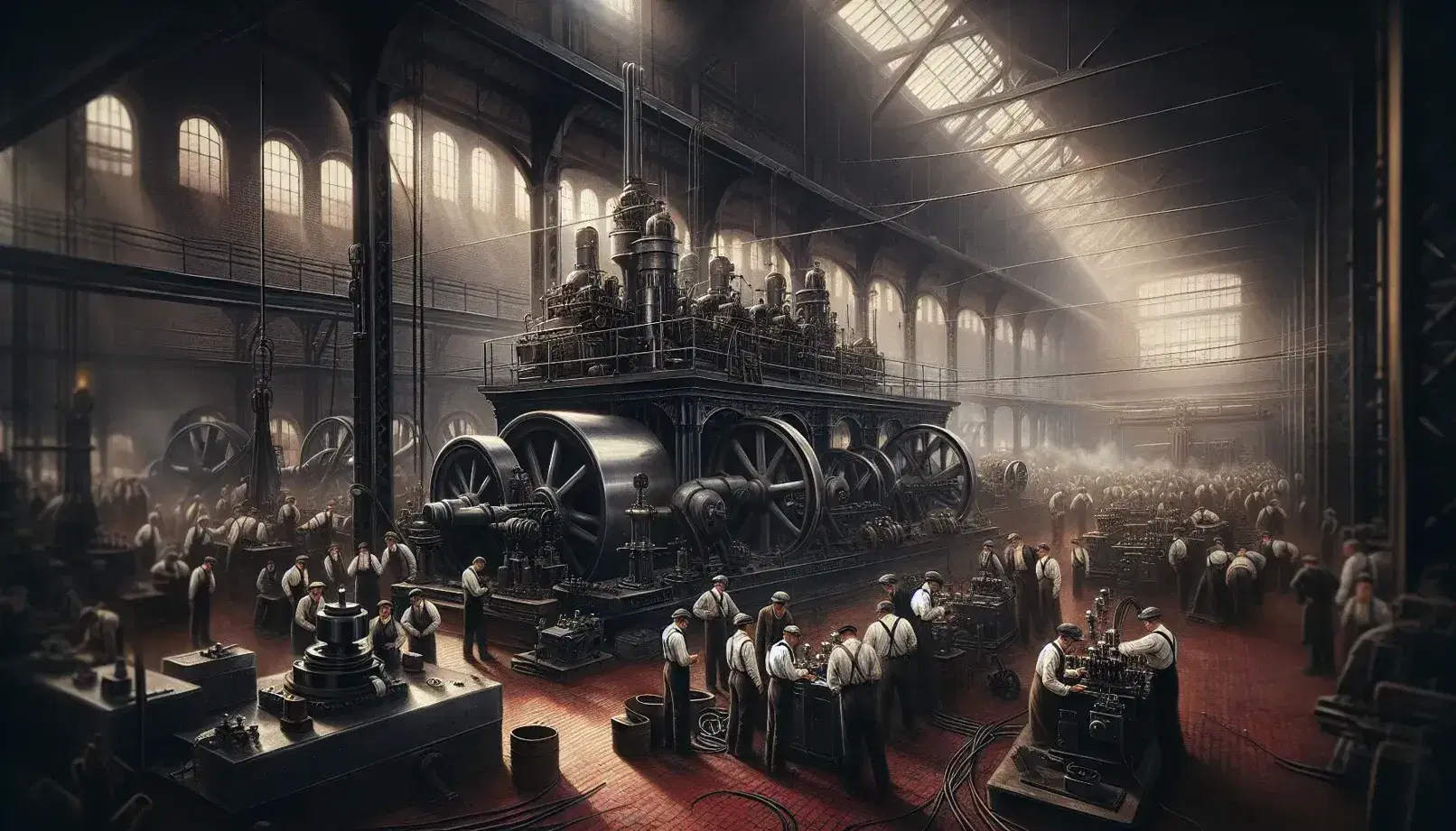 Officina industriale d'epoca con macchina a vapore, operai al lavoro e scienziati che osservano un motore elettrico.