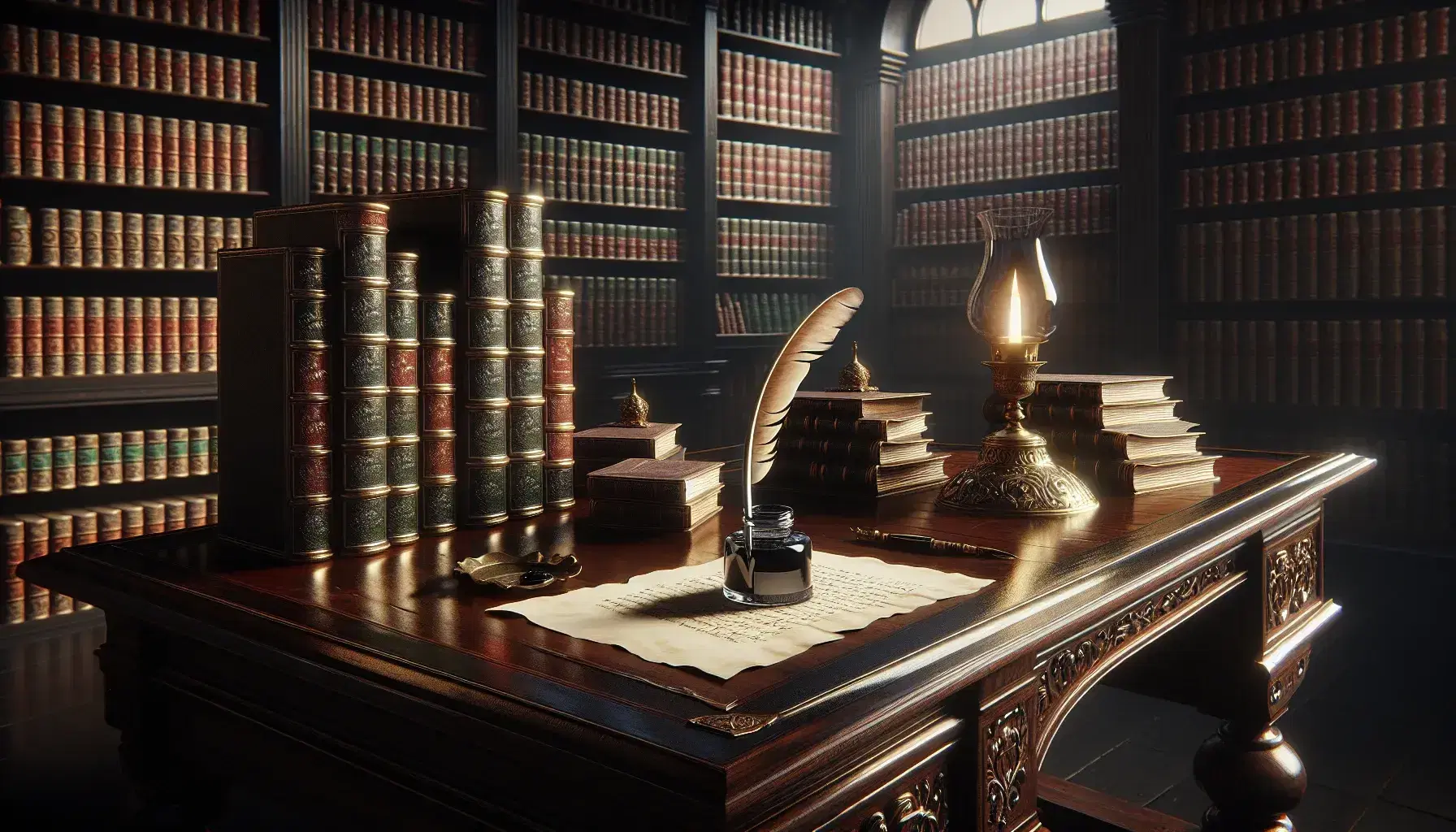 Scena di antica biblioteca con scrivania in legno scuro, calamaio in ottone, penna d'oca, fogli avorio e scaffali colmi di libri rilegati.