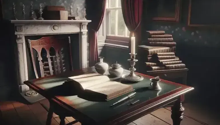 Escena de estudio del siglo XIX con mesa de madera oscura, tintero de porcelana, libro abierto, vela en candelabro de plata y silla tapizada junto a chimenea de mármol.