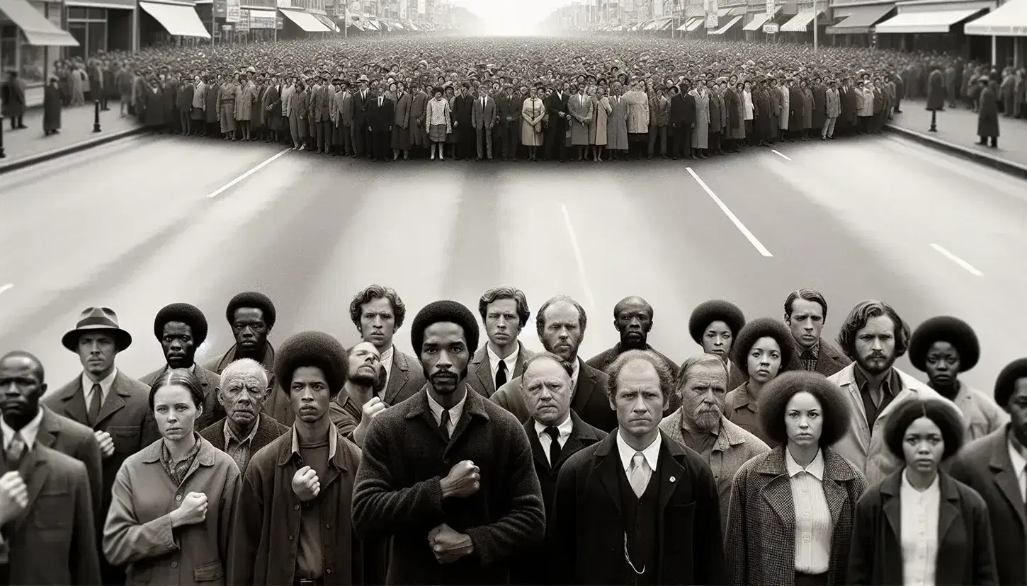 Peaceful anti-apartheid protest scene with diverse crowd, man with raised fist symbolizing power, and colorful attire contrasting grey street backdrop.