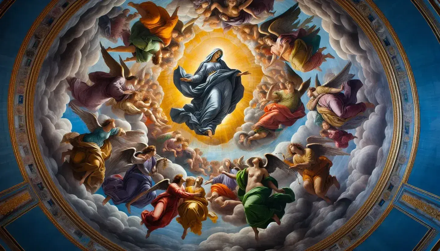 Affresco in cupola con Vergine Maria in manto blu e angeli musicanti su sfondo cielo, gioco di luce e ombre.