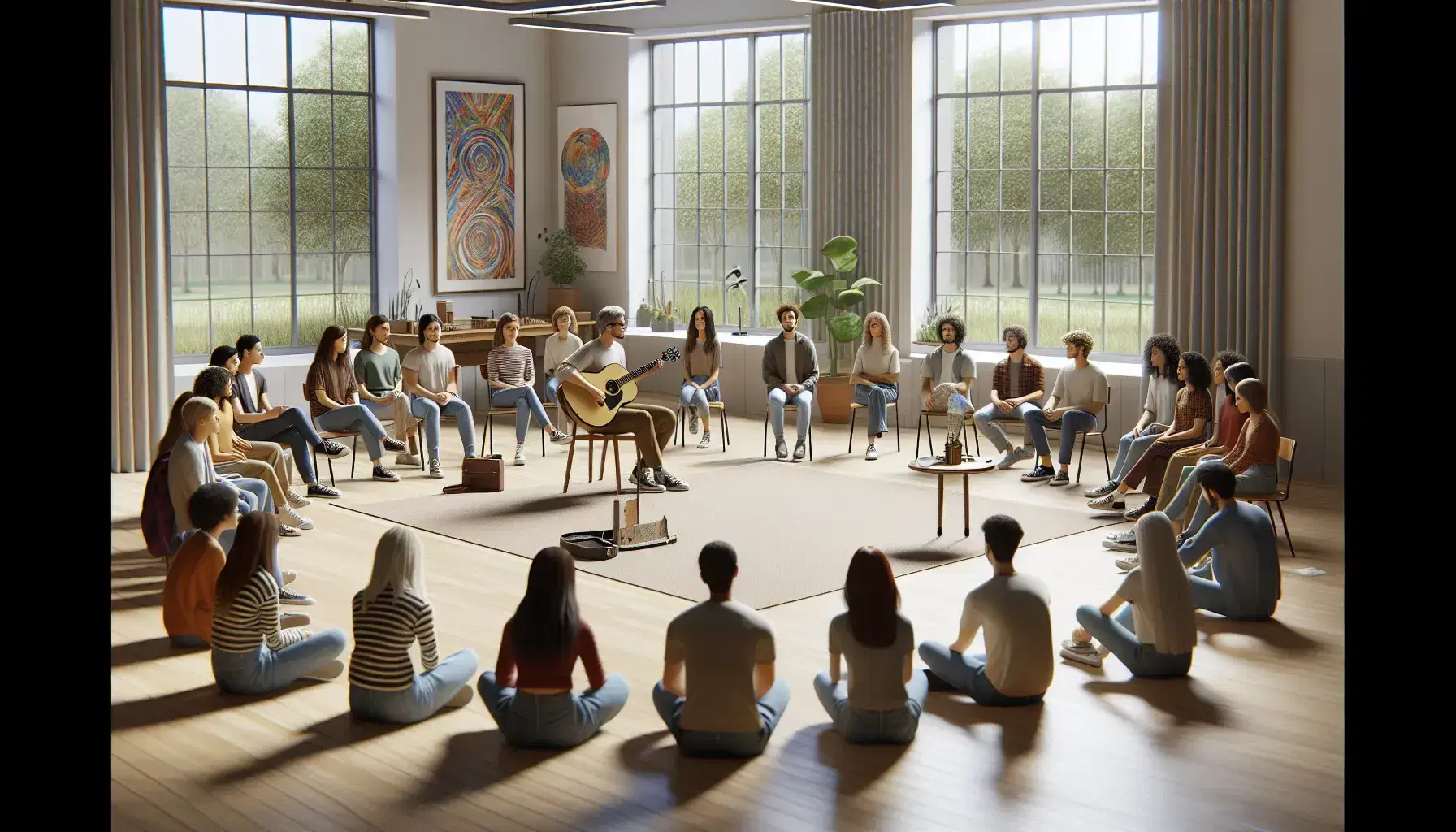 Grupo diverso de estudiantes atentos y profesor con guitarra en aula iluminada y decorada con arte abstracto, promoviendo aprendizaje colaborativo y creativo.