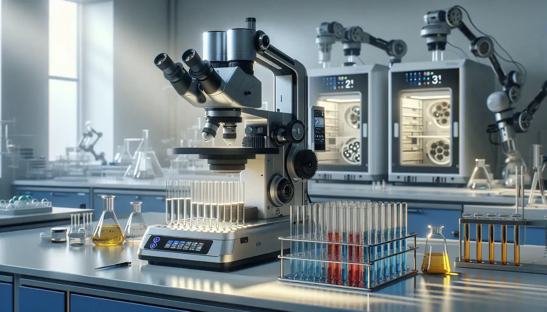Laboratorio di ricerca biologica con microscopio elettronico, provette colorate in portaprovette e incubatrici di colture in sfondo.
