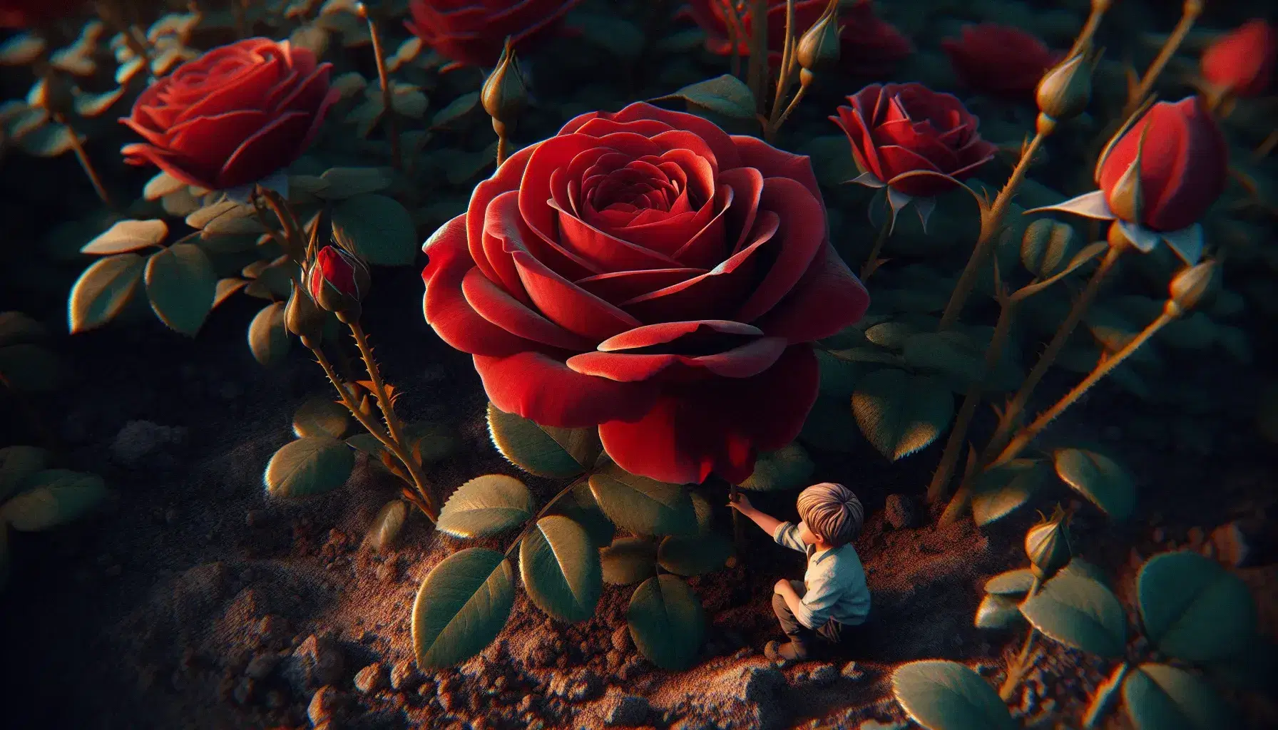 Rosa roja en plena floración con pétalos aterciopelados y tallo espinoso sobre suelo fértil, con figura infantil difuminada al fondo en actitud contemplativa.