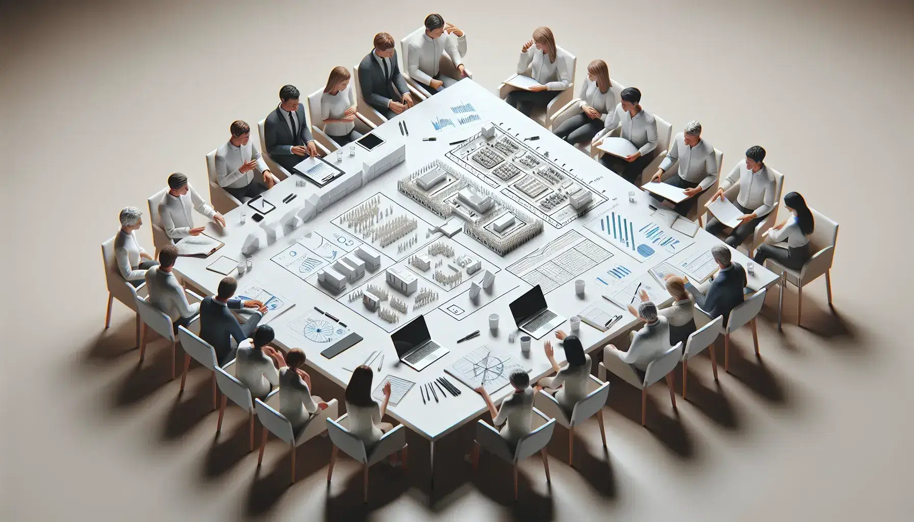 Gruppo di professionisti collabora attorno a un tavolo con fogli, laptop, tablet e modello 3D di un evento in ambiente luminoso.