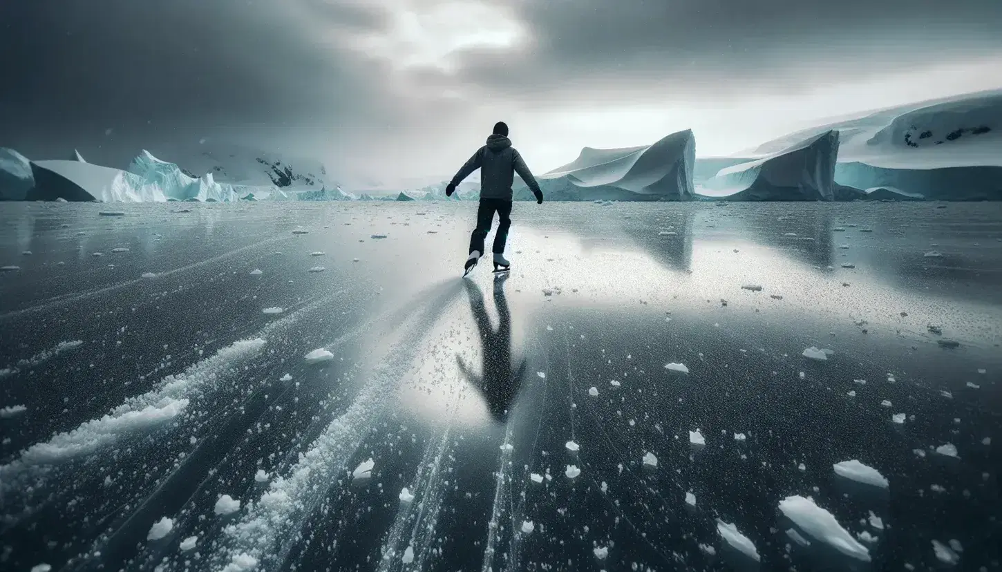 Solitary figure ice skating on a vast, glistening Antarctic ice sheet, with distant icebergs under an overcast sky, highlighting the serene, cold landscape.