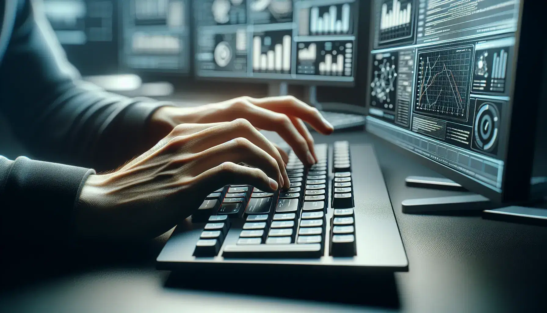 Hands typing on modern computer keyboard with blurred monitor in background showing colorful graphs without text.