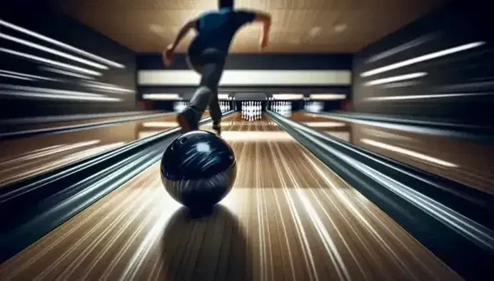Palla da bowling nera lucida in movimento su pista in legno chiaro con figura sfocata di giocatore, birilli bianchi e rossi in lontananza.
