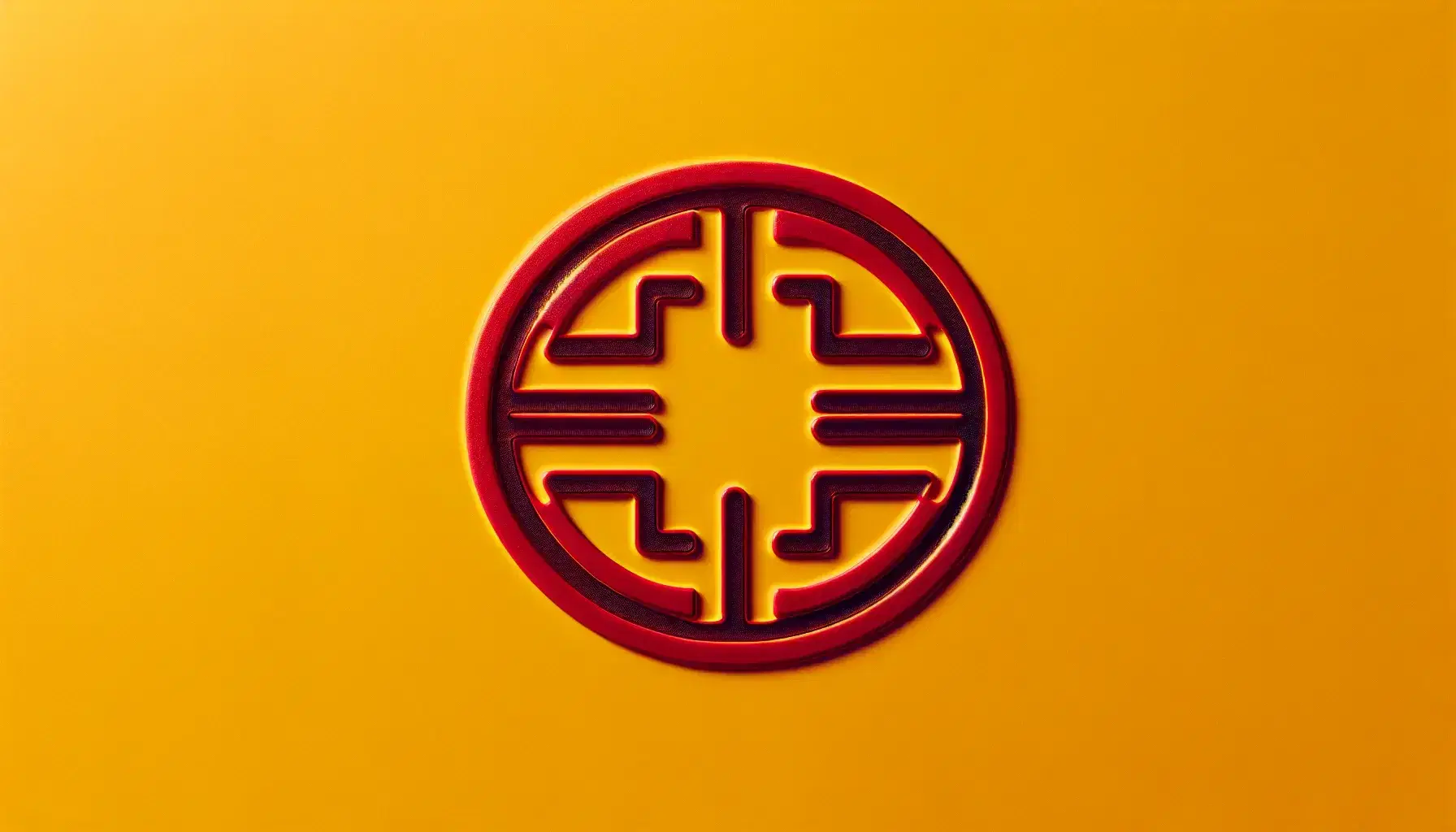 Red Aunt Sun symbol on a yellow background, with circle and rays in four directions representing the four aspects of life.