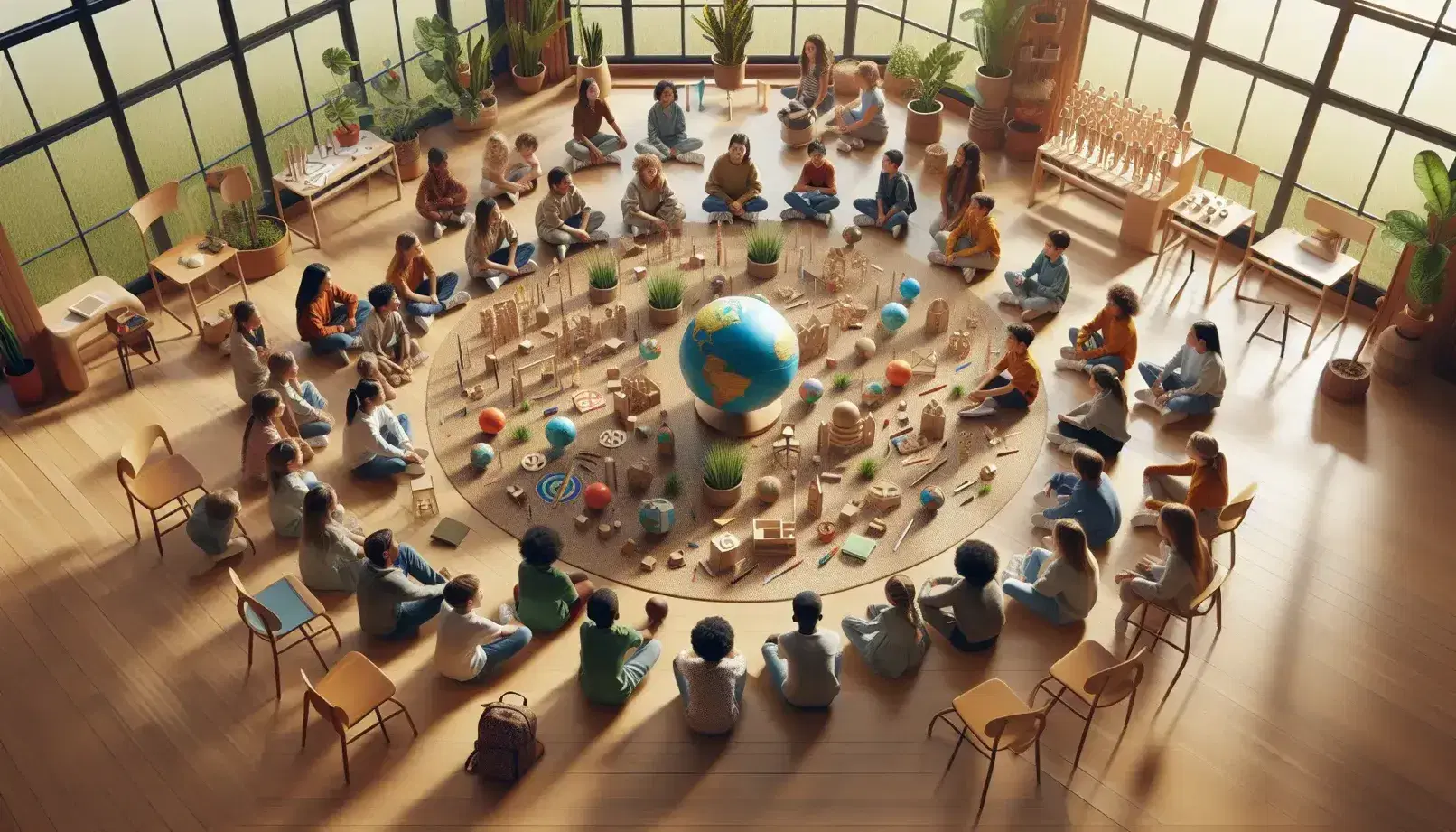 Grupo diverso de estudiantes interactuando en círculo con objetos educativos en aula iluminada naturalmente, sin textos ni símbolos visibles.