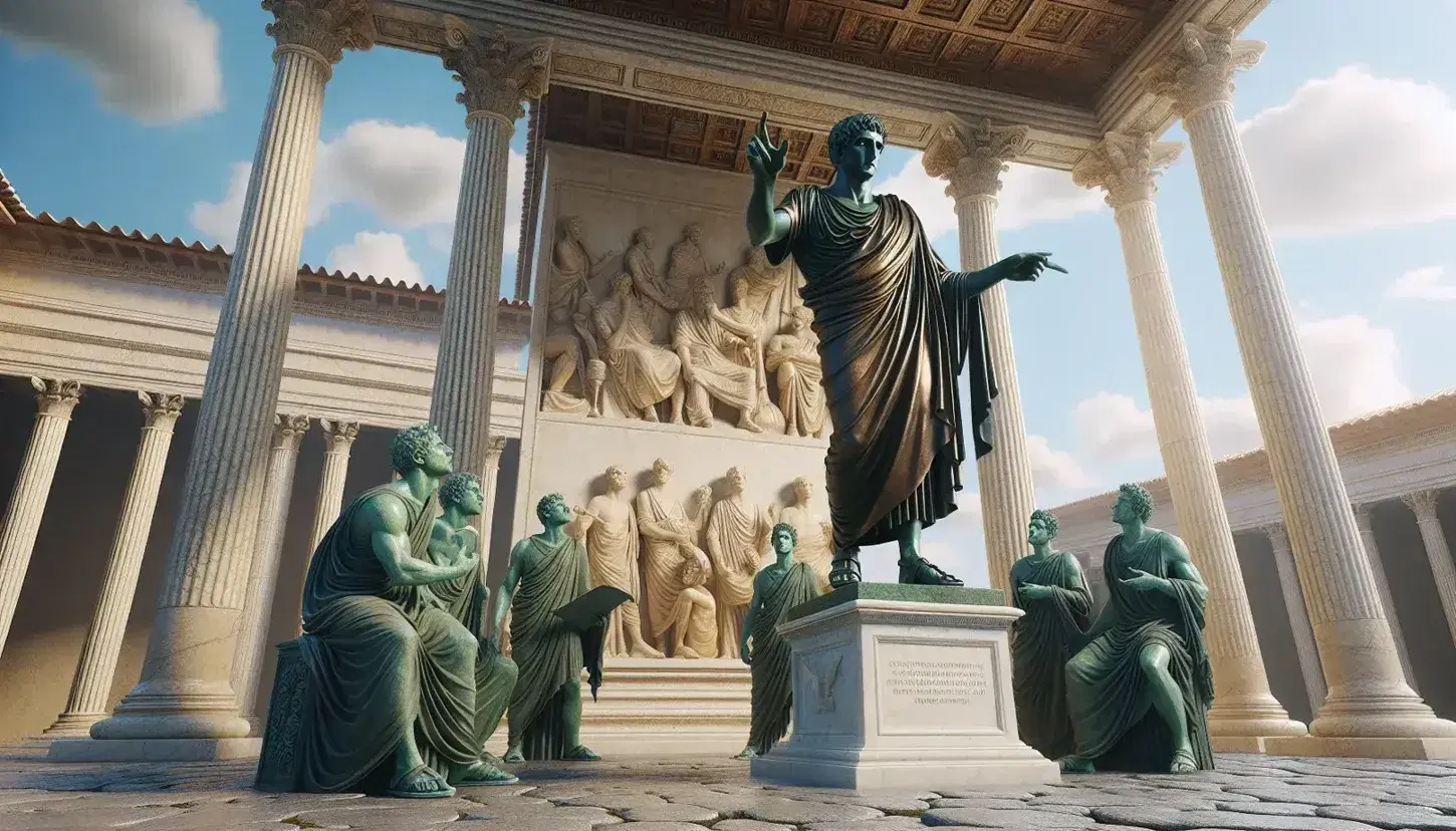 Statua in bronzo di uomo in toga con braccio alzato su piedistallo marmoreo con bassorilievi, colonne corinzie e sculture in dialogo in piazza romana antica.