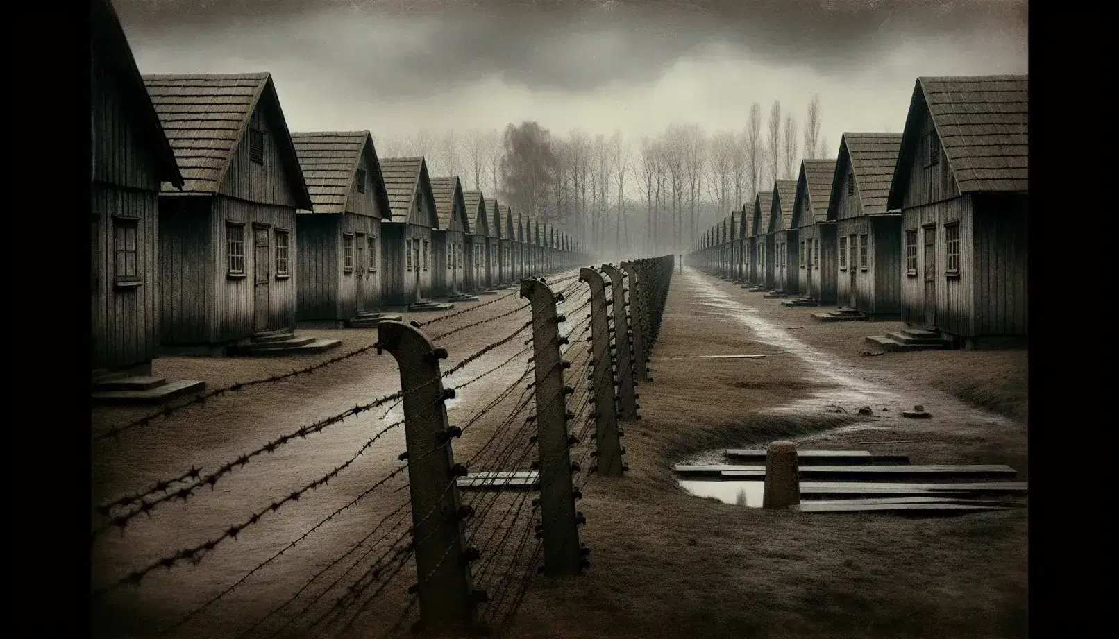 Desolate row of weathered wooden barracks with triangular roofs, barbed wire in the foreground, and stark trees against an overcast sky, conveying abandonment.