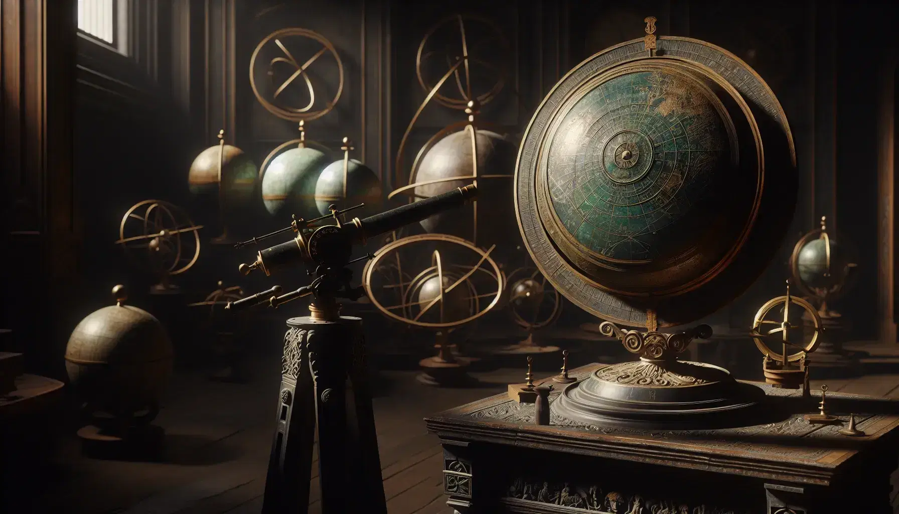 Globo celeste in bronzo con costellazioni su supporto in legno, telescopio rinascimentale e sfere armillari su scaffali in un antico laboratorio astronomico.