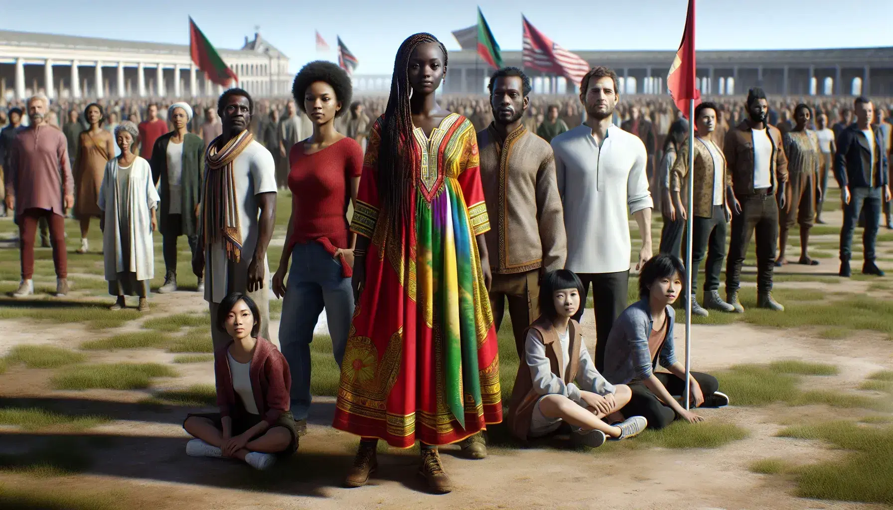 Diverse group outdoors with a Black woman in traditional red dress holding a flagpole beside an Asian man in white shirt, symbolizing unity under a clear sky.
