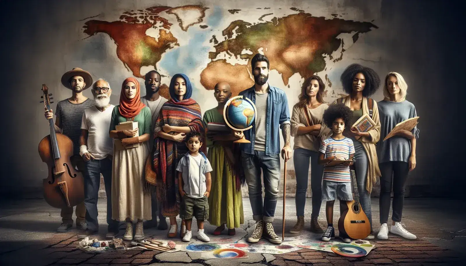 Grupo diverso de personas con un hombre sosteniendo un globo, una mujer con guitarra, un niño con juguete, una anciana con libro y un adolescente con paleta de pintura.