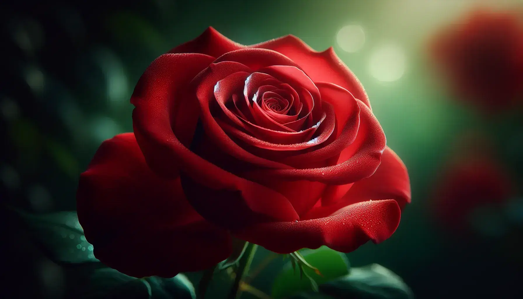 Vibrant red rose in full bloom with velvety petals and water droplets, set against a soft-focus green foliage background.