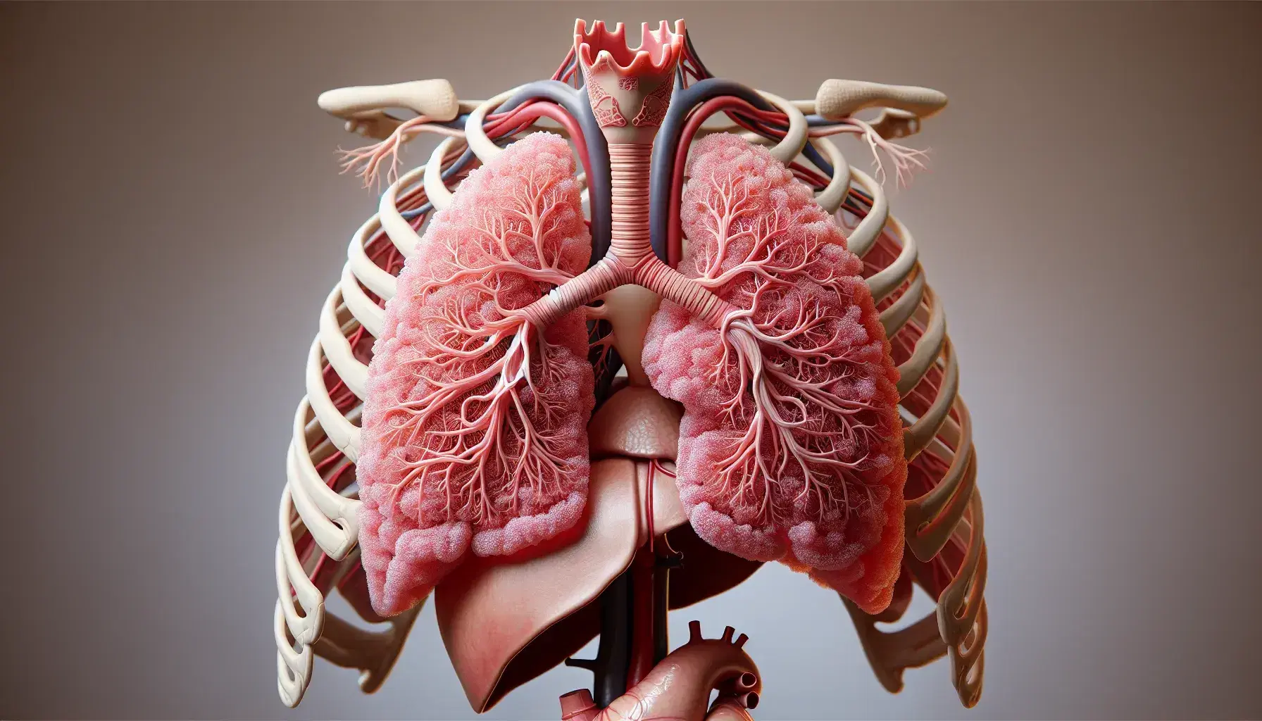 Vista lateral del sistema respiratorio humano con pulmones en rosa, tráquea, bronquios, sección del corazón en rojo y diafragma gris, rodeados por costillas blancas.