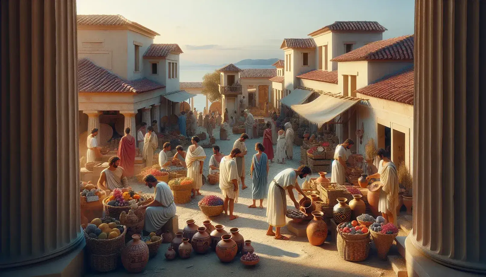 Scena di mercato nell'antica Grecia con persone che commerciano frutta, verdura e vasi artigianali, sotto un cielo azzurro con barche sul mare in lontananza.