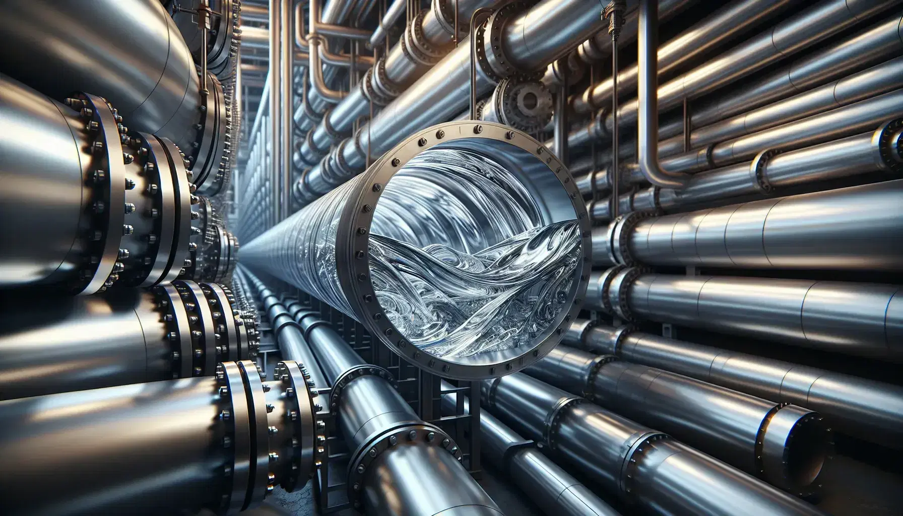 Industrial pipeline system with interwoven steel pipes and a transparent section showing clear fluid flow, in a well-lit indoor setting.