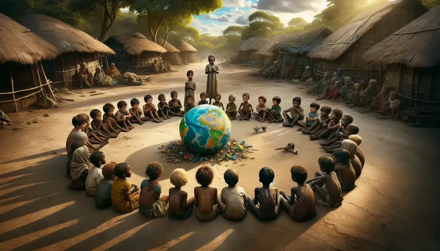 Bambini di diverse nazionalità seduti in cerchio su terra battuta con un globo colorato al centro, in un ambiente rurale con capanne e alberi.