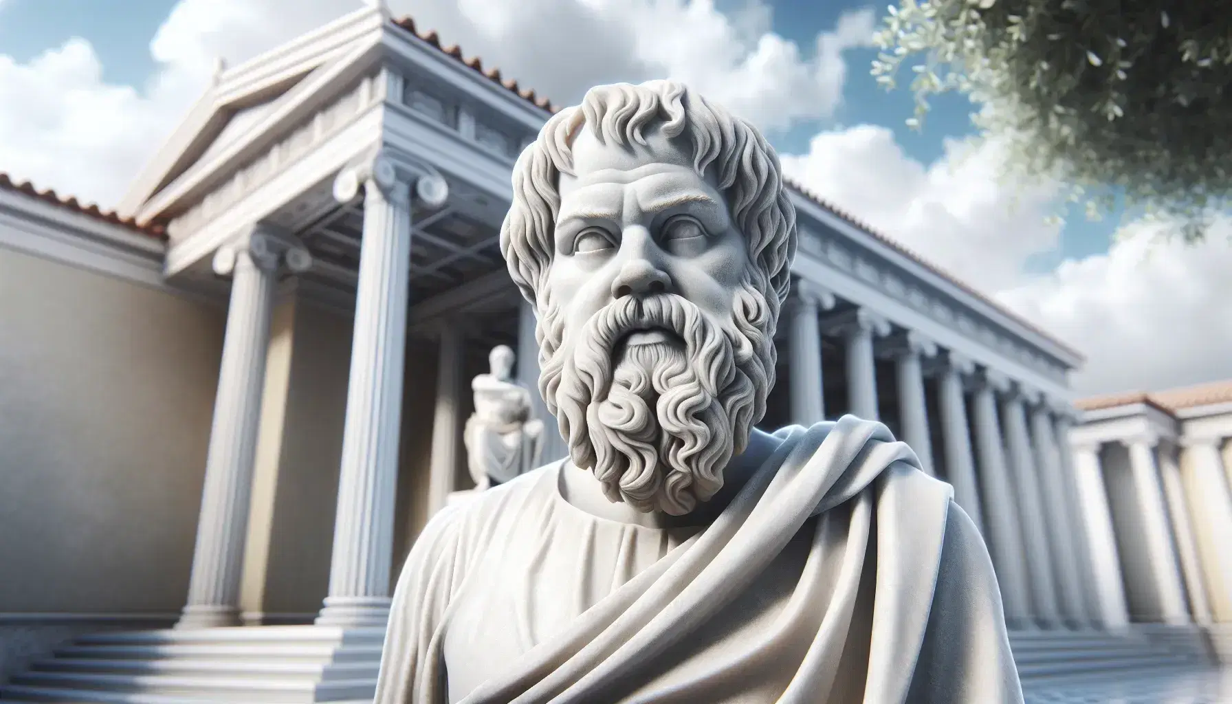 Statua in marmo di Socrate pensieroso con tunica greca, colonne doriche sfocate sullo sfondo e piccolo ulivo in primo piano.