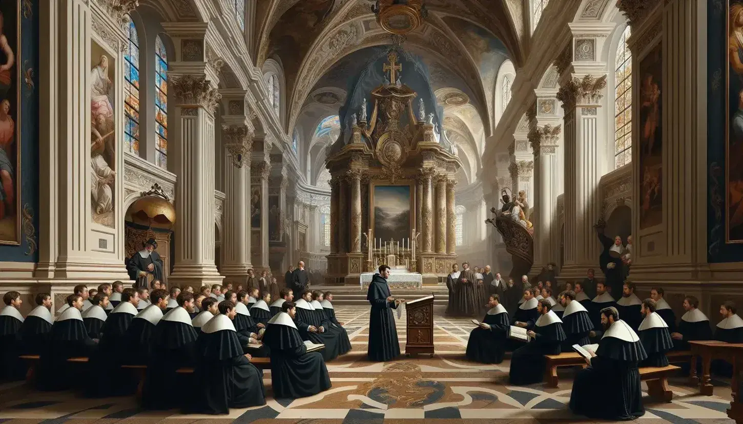 Baroque church interior with Jesuit priests teaching students and discussing with laypeople, ornate altar and stained glass windows visible.