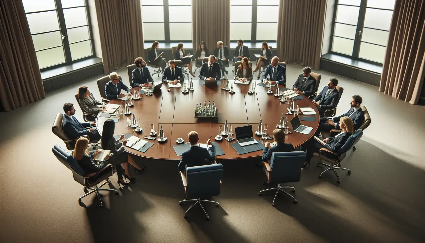 Diverse business professionals in formal attire engaged in a meeting around a large oval wooden table in a bright room with large windows.