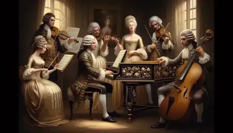 Conjunto de músicos en vestimenta barroca interpretando música, con un hombre tocando un clavecín y una mujer cantando, acompañados por violinista y violonchelista.
