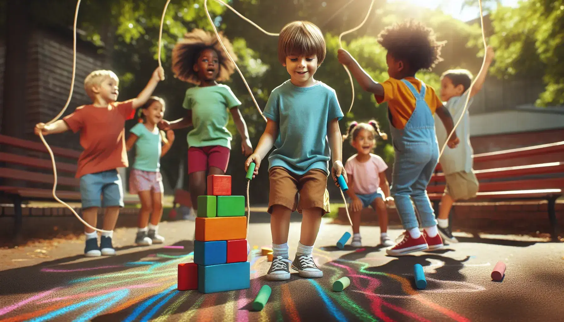 Niños jugando en un parque soleado, construyendo con bloques, dibujando con tizas de colores y saltando la cuerda, rodeados de árboles y un perro persiguiendo una pelota.